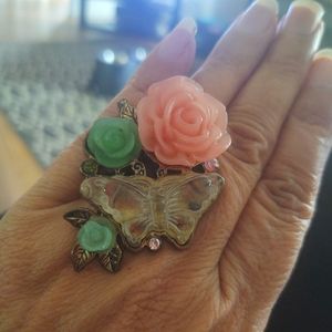 Statement Ring Stretch Band Large Flowers Vintage